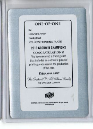 2019 Goodwin Champions Deandre Ayton Yellow Printing Plate Card 1/1