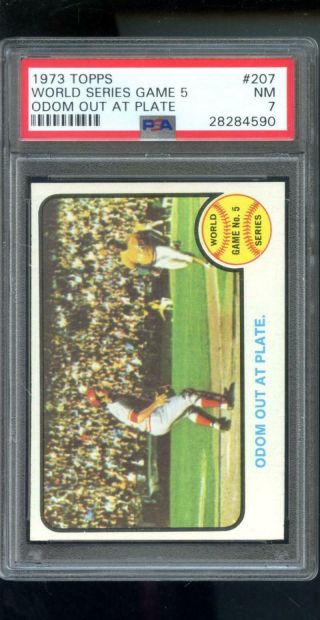 1973 Topps 207 World Series Game 5 Odom Out At Plate Nm Mlb Psa 7 Graded Card
