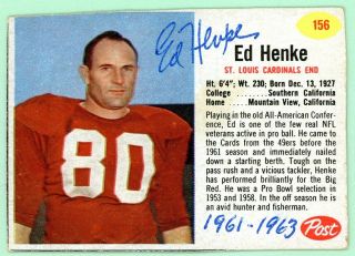 1962 Post Cereal Football Card 156 Ed Henke - Autograph