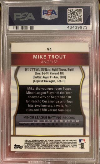 MIKE TROUT 2011 Topps Finest Rookie Card RC PSA 9 Angels 2