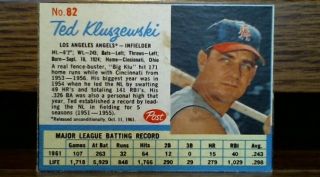 1962 Post Cereal Baseball Card - Ted Kluszewski 82 - Ex - Mt - Hand Cut - Angels
