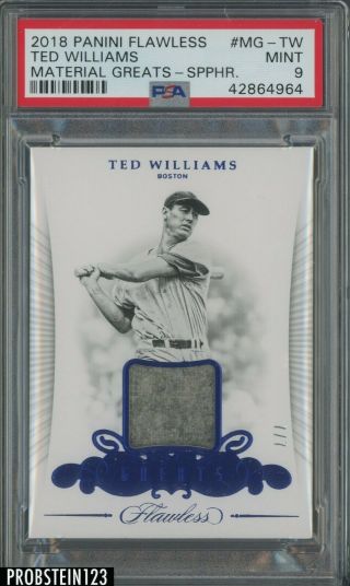 2018 Panini Flawless Sapphire Greats Ted Williams Hof Jersey 7/7 Red Sox Psa 9
