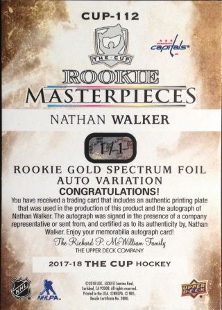 2017 - 18 The Cup Nathan Walker Rookie Masterpieces Printing Plates Auto 1/1 2