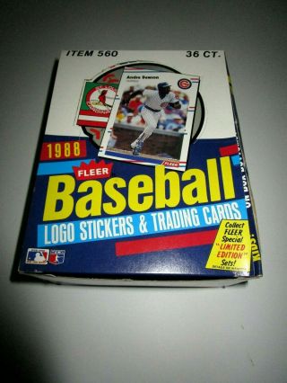Box Of 36 Wax Packs 1988 Fleer Baseball Logo Stickers & Trading Cards Item 560
