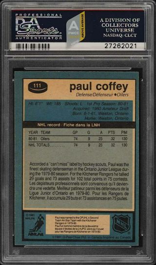 1981 O - Pee - Chee Hockey Paul Coffey ROOKIE RC 111 PSA 9 (PWCC - A) 2