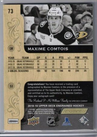 18 - 19 Upper Deck Engrained Hockey Maxime Comtois Signature Rookie Card 73 2