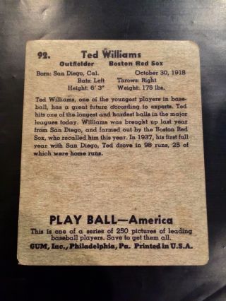1939 Play Ball 92 Ted Williams ROOKIE RC Aged RP Poor - Fair 2
