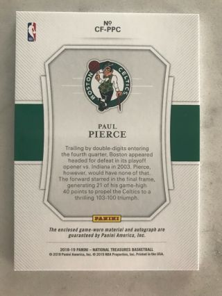 2018 - 19 Panini National Treasures Paul Pierce Game Worn Patch Auto 45/49 Celtics 2