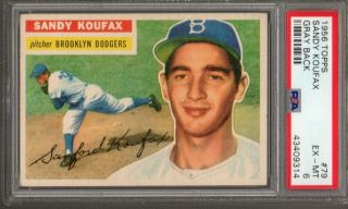 1956 Topps Baseball 79 Sandy Koufax Gray Back Psa 6 Ex - Mt Hof Brooklyn
