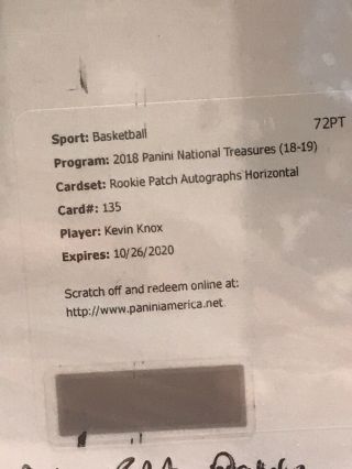 Kevin Knox 2018 - 19 National Treasures Rpa Autograph Auto 135 Patch Horizontal