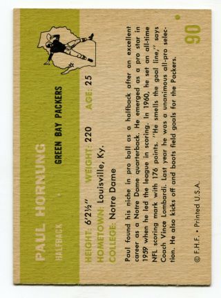 1961 Fleer Football Card 90 Paul Hornung Green Bay Packers Great Looking Card 2