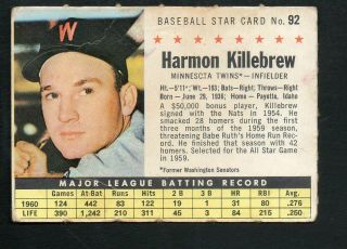 1961 Post Baseball Card 92b Harmon Killebrew - Minnesota Twins