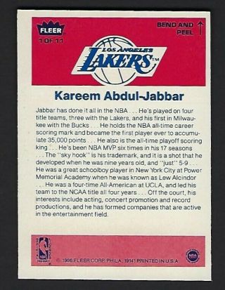1986 - 87 Fleer KAREEM ABDUL - JABBAR Sticker 1 Los Angeles Lakers 2