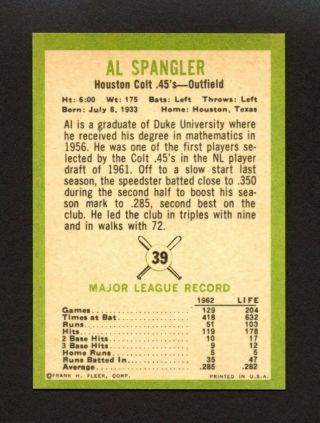 1963 Fleer Baseball 39 Al Spangler Houston Colt 45s SET BREAK NM - MT 2
