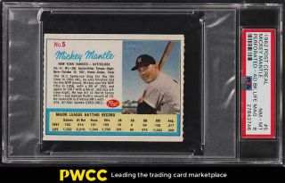 1962 Post Cereal Mickey Mantle Perforated,  Ad Back 5 Psa 8 Nm - Mt (pwcc)