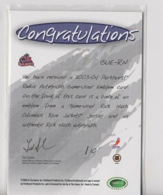 Rick Nash (2003 - 04 Parkhurst Rookie Autograph Game - Emblem GUE - RN) VAULT 2