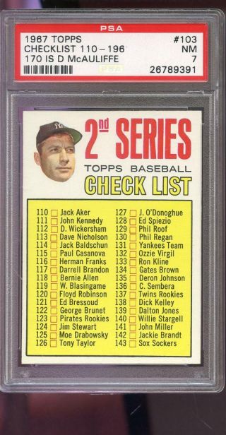 1967 Topps 103 Mickey Mantle Checklist Mcauliffe Nm Psa 7 Graded Baseball Card