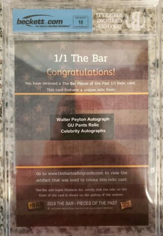 2019 The Bar Walter Payton Patch Cut Auto 1/1 BGS 10 2
