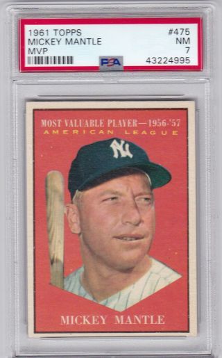Rm: 1961 Topps Baseball Card 475 Mickey Mantle Mvp - Psa 7 Nr