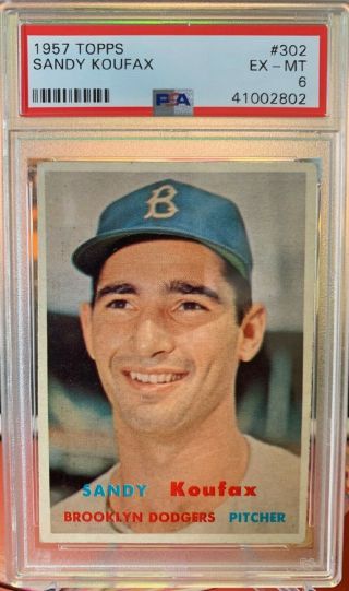 1957 Topps 302 Sandy Koufax Psa 6 (ex - Mt) Brooklyn Dodgers Hof