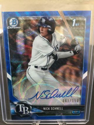 2018 Bowman Chrome Draft Nick Schnell Blue Wave Refr Autograph Auto /150 Rays
