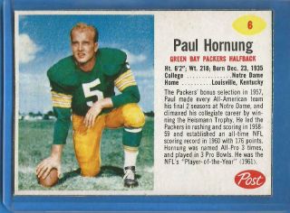 1962 Post Cereal Football Card 6 Paul Hornung - Green Bay Packers