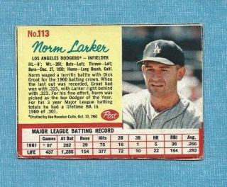 1962 Post Baseball 113 Norm Larker Gd/vg Set Break Combined
