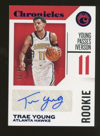 2018 - 19 Panini Chronicles Blue Trae Young Hawks Rc Rookie Auto 3/49
