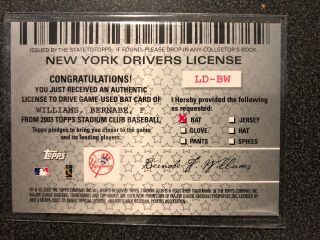 Yankees 2002 Topps Stadium Club Bernie Williams License To Drive Game Bat. 4