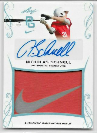 2017 Leaf Perfect Game Nicholas Schnell Rc Prospect Auto Jumbo Nike 1/1 Patch