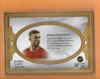 Jordan Henderson 2018 Futera Gold Frame 1 Of 1 Memorabilia 1/1 Liverpool England
