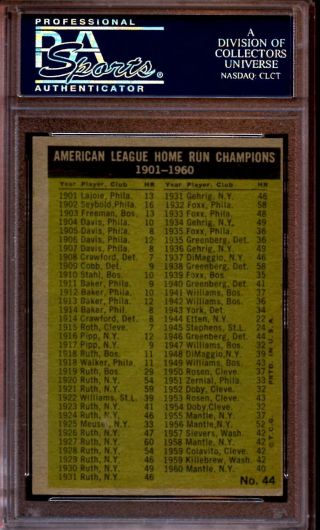 1961 Topps Baseball Card 44 Mickey Mantle / Roger Maris Leader PSA 7 NRMT MC 2