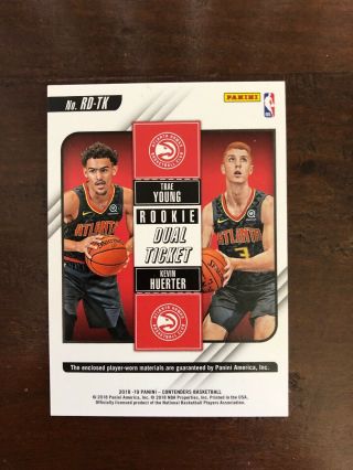 2018 - 19 Panini Contenders Trae Young & Kevin Huerter DUAL Jersey,  Hawks Rookie 2