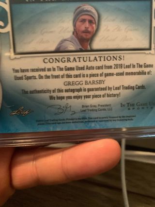 Gregg Barsby 2019 Leaf In the Game Auto Relic /35,  Disc Champ, 4