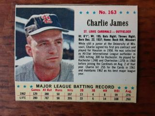 1963 Jello Charlie James 163 Cardinals Short Print Not Post 1961 1962 Baseball