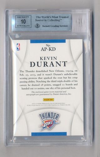 KEVIN DURANT 2012 - 13 PANINI IMMACULATE AUTO 3 COLOR PATCH 86/100 BGS 9 10 2