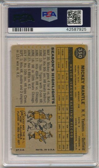 1960 Topps Mickey Mantle 350 PSA 2 Perfect centering - looks great HOF Yankees 2