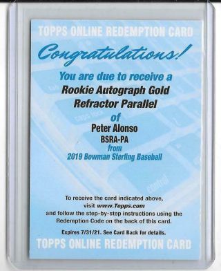 Peter Alonso 2019 Bowman Sterling Rookie Gold Refractor Autograph Auto - Mets