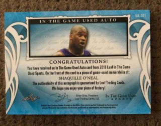 2019 Leaf In The Game SHAQUILLE O’NEAL Auto Jersey Patch d 27/30 2
