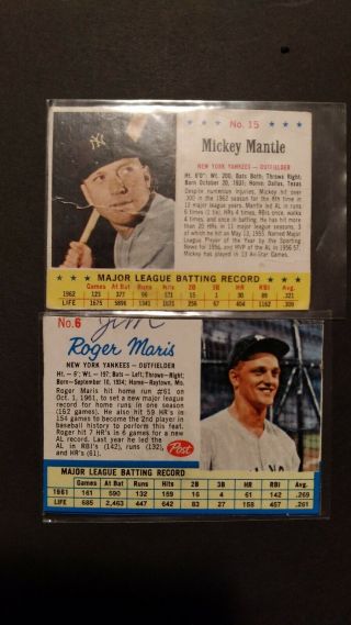 Mickey Mantle 15,  Roger Maris 6 1962,  1961 Post Cards