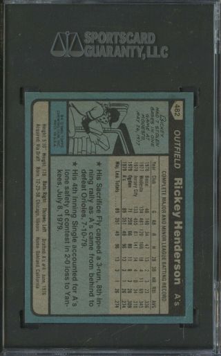 1980 Topps 482 Rickey Henderson A ' s RC Rookie HOF SGC 92 NM - MT,  8.  5 2