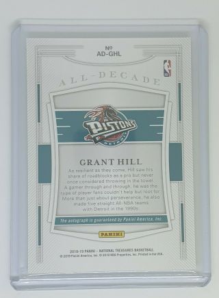2018 - 19 National Treasures Grant Hill All Deacde Auto 89/99 Pistons 2