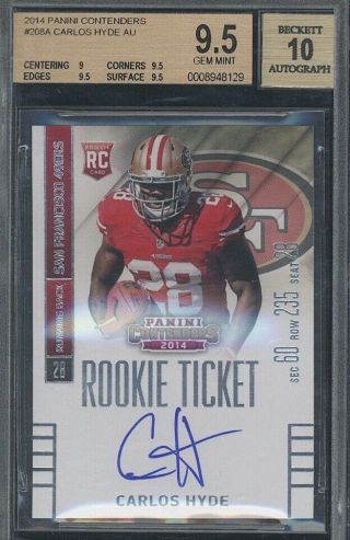 2014 Contenders Carlos Hyde Rookie Ticket Auto/autograph Rc 49ers Bgs 9.  5/10