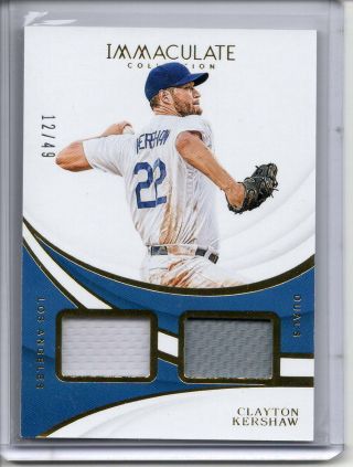 Clayton Kershaw Jersey Patch /49 2019 Panini Immaculate Duals Gold Sp Dodgers