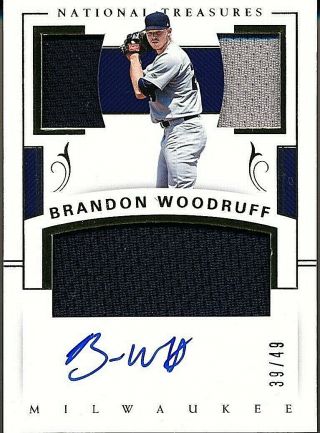 2018 National Treasures Brandon Woodruff /49 Brewers 3x Patch Auto Autograph Rc