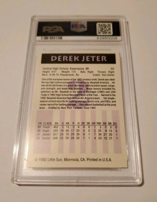1992 Derek Jeter PSA 9 Little Sun High School Prospects Rookie Rc 2 2