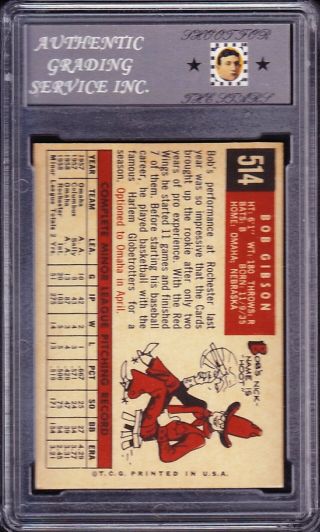 1959 TOPPS 514 BOB GIBSON ST.  LOUIS CARDINALS RC ROOKIE HOF GRADED AGS 8 NM - MT 2