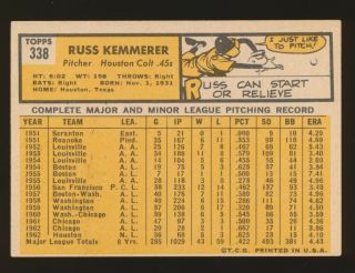 1963 Topps 338 RUSS KEMMERER (Houston Colt.  45 ' s) AUTOGRAPHED d.  2014 2