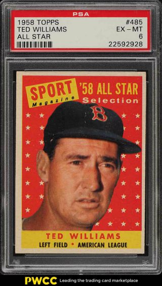 1958 Topps Ted Williams All - Star 485 Psa 6 Exmt (pwcc)