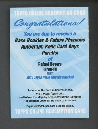 2018 Topps Triple Threads Onyx Rafael Devers Rc Jersey Auto Redemption